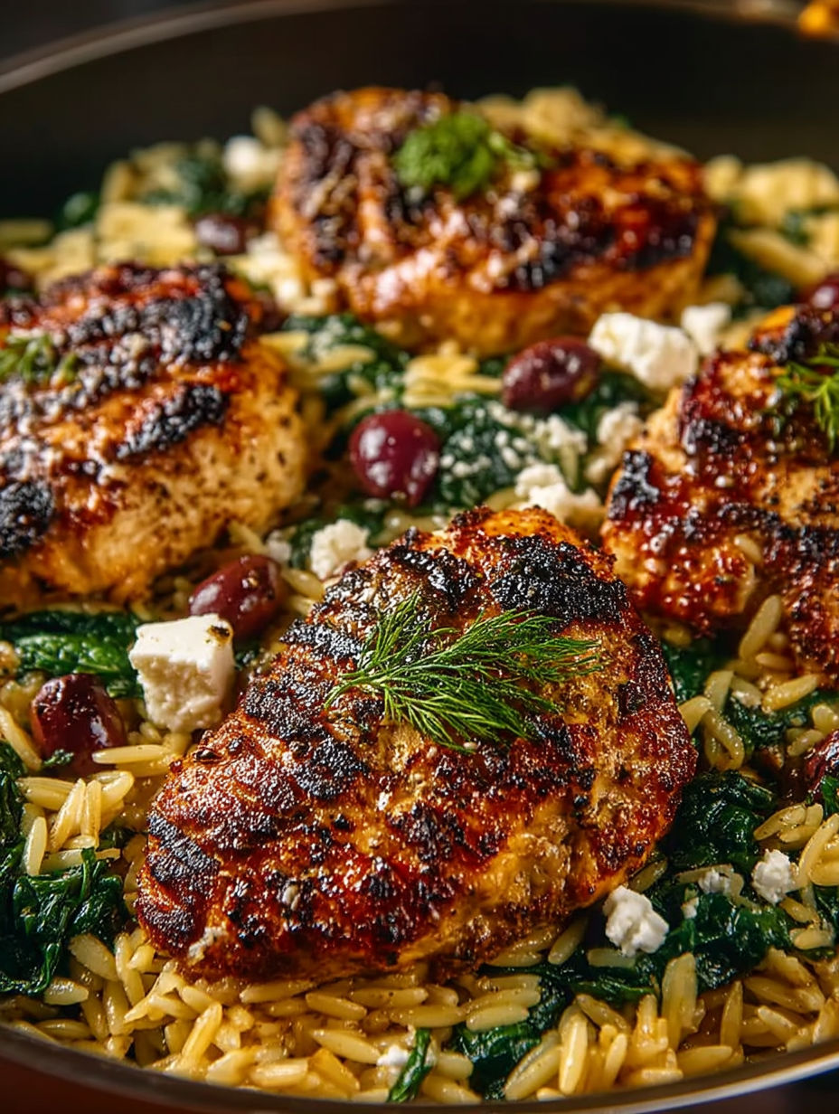 A delicious one-pan Greek chicken skillet with orzo.