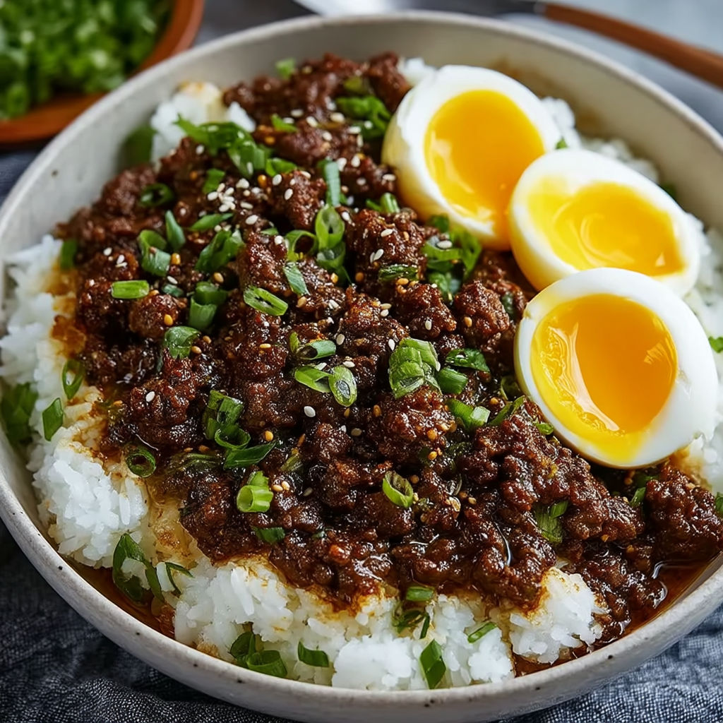 A bowl of food with two eggs on top.
