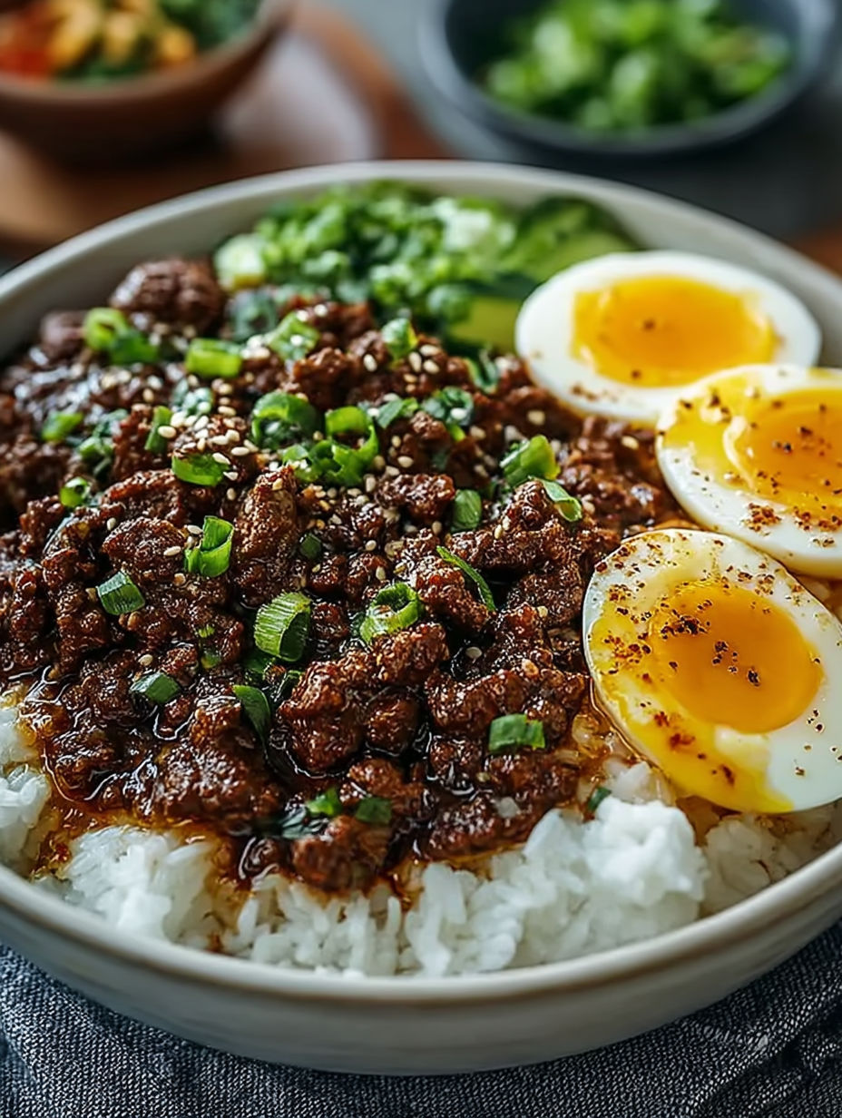 A bowl of food with eggs, meat, and vegetables.