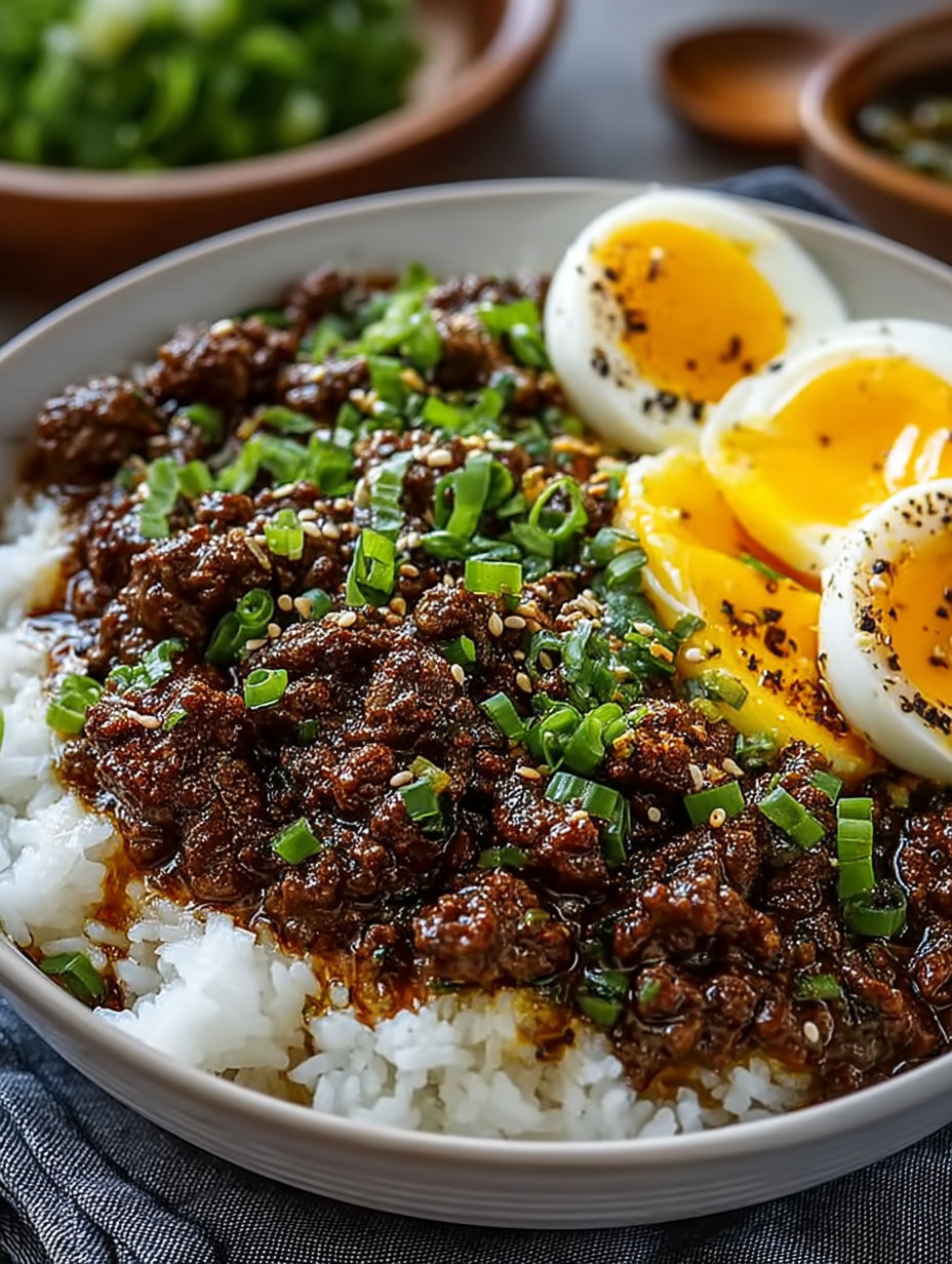 A bowl of food with rice and eggs.
