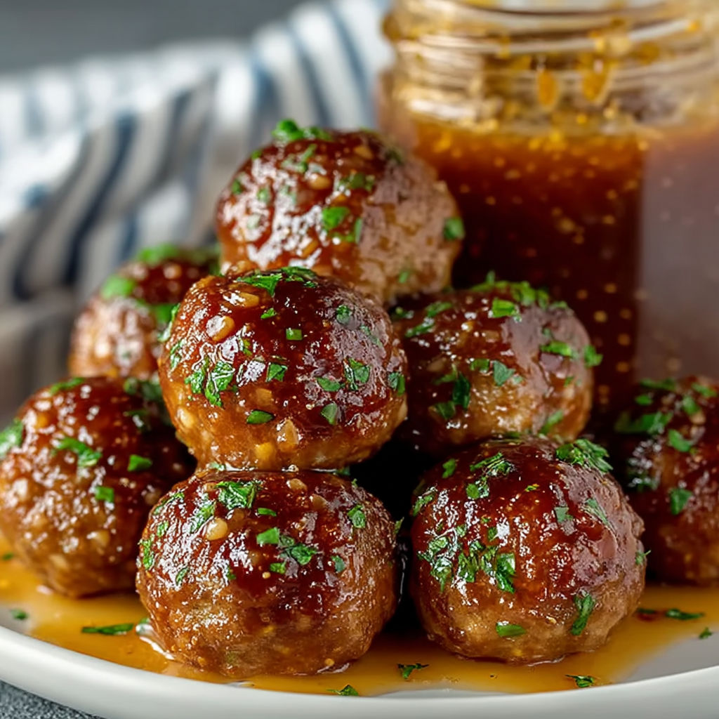 A plate of meatballs with a jar of hot pepper jelly.