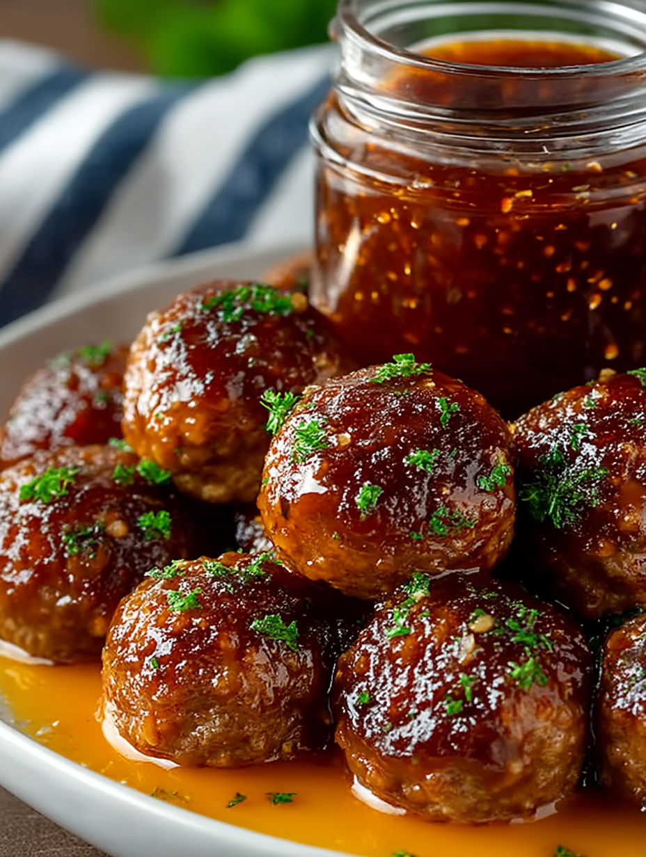 A plate of meatballs with a jar of hot pepper jelly.