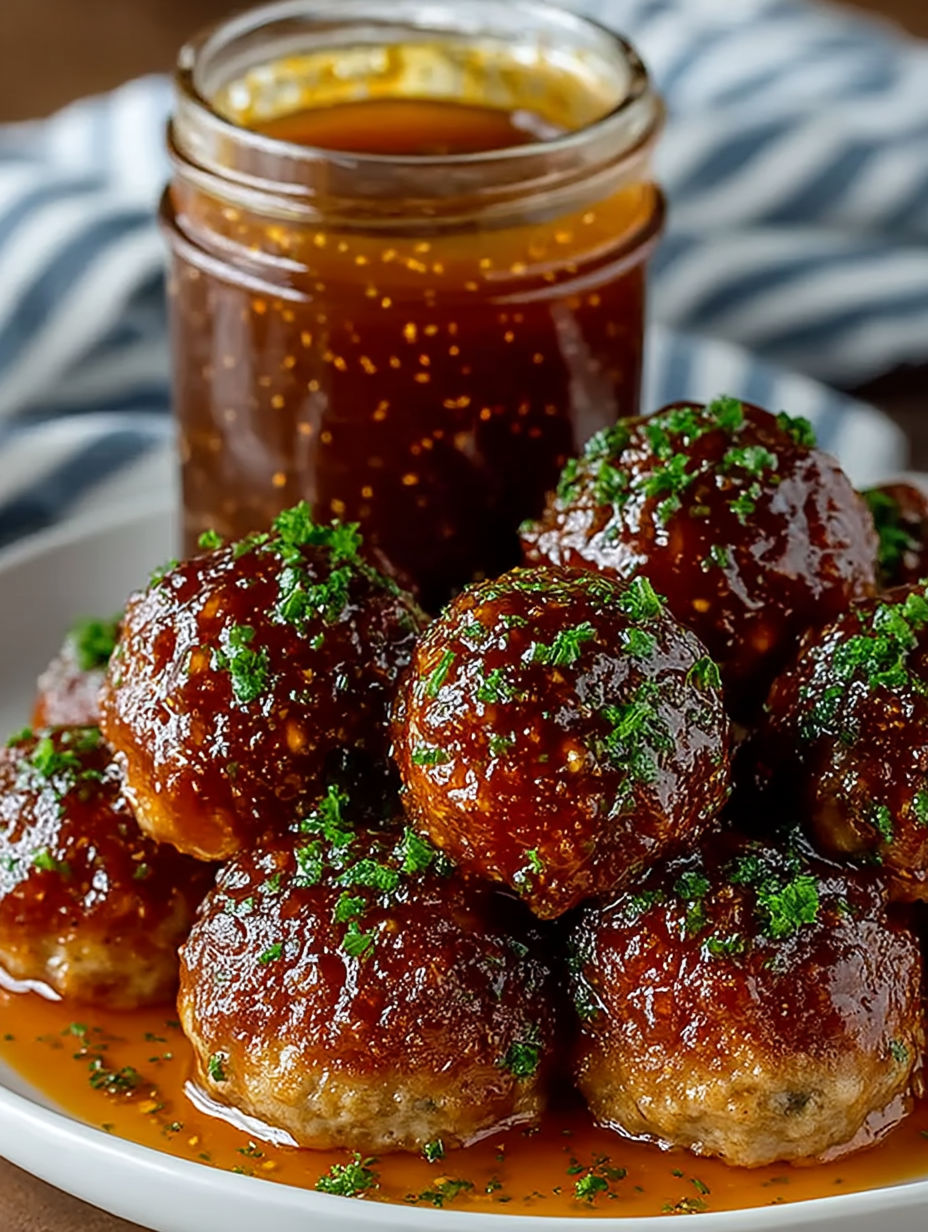 A plate of meatballs with hot pepper jelly.