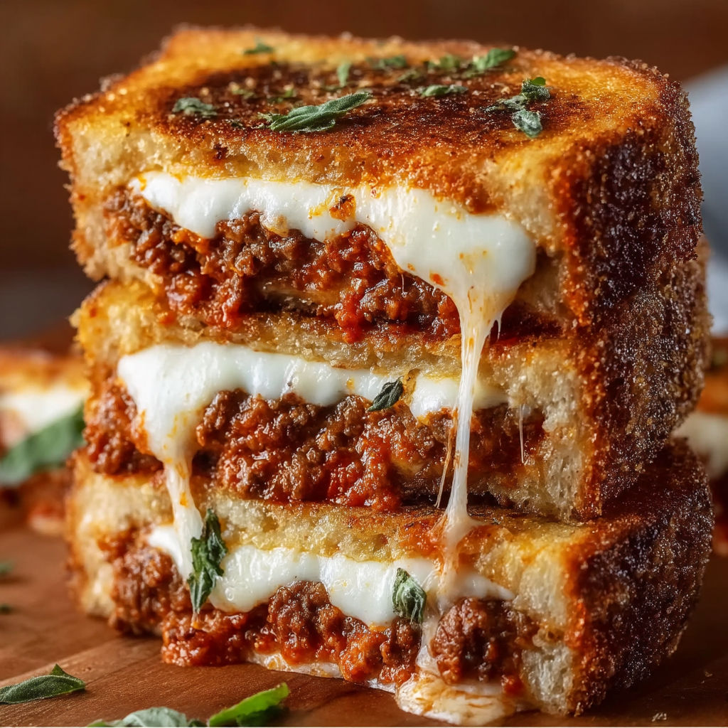 A stack of grilled cheese sandwiches with meat in between.
