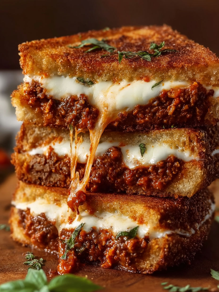 A stack of grilled cheese sandwiches with meat sauce.