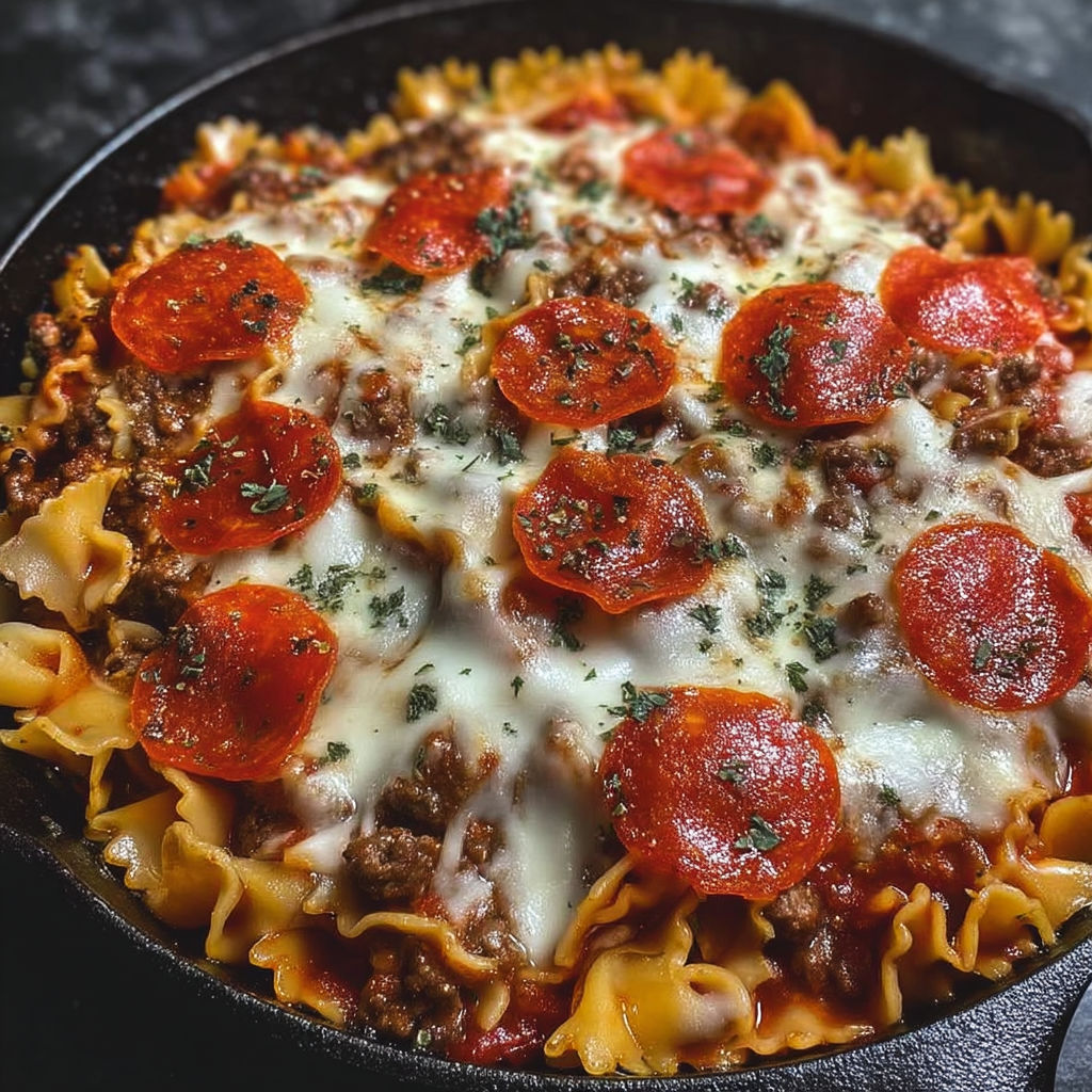 A skillet bake with pepperoni and cheese.