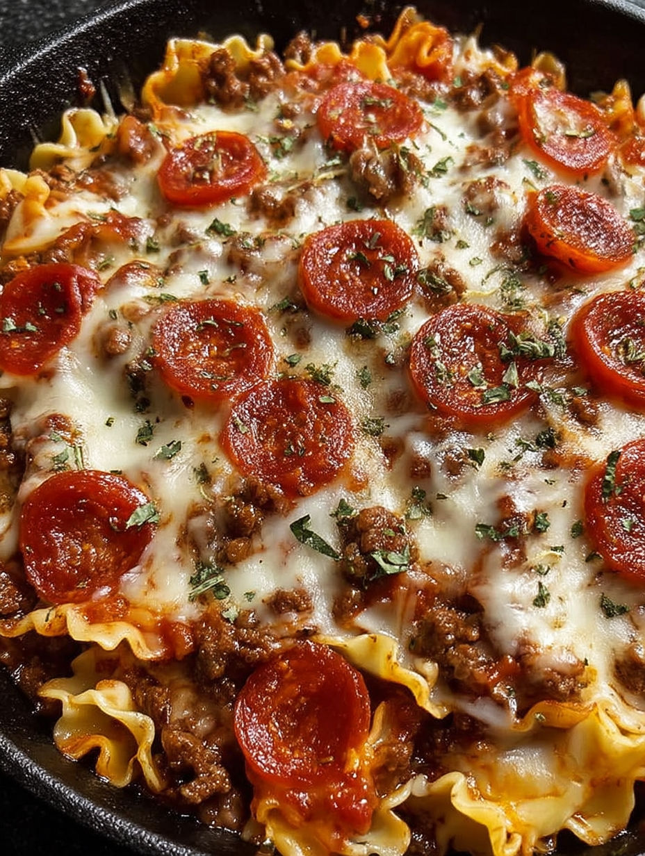 A skillet bake of pizza lasagna with pepperoni and cheese.