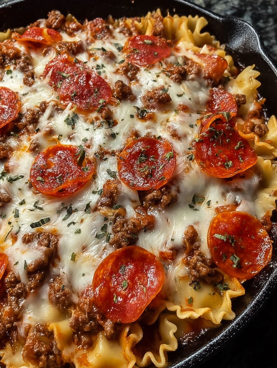 A skillet bake with pepperoni and cheese.