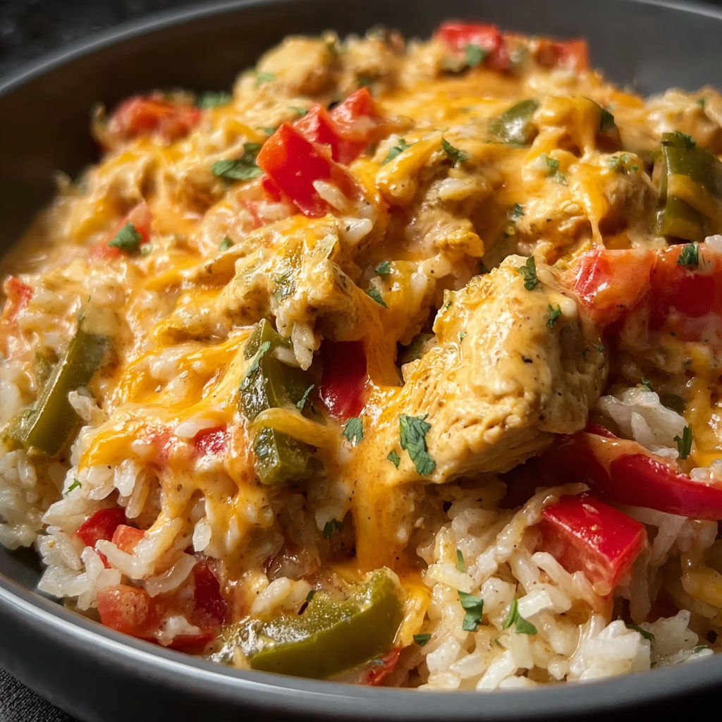 A bowl of chicken fajita skillet with rice and peppers.