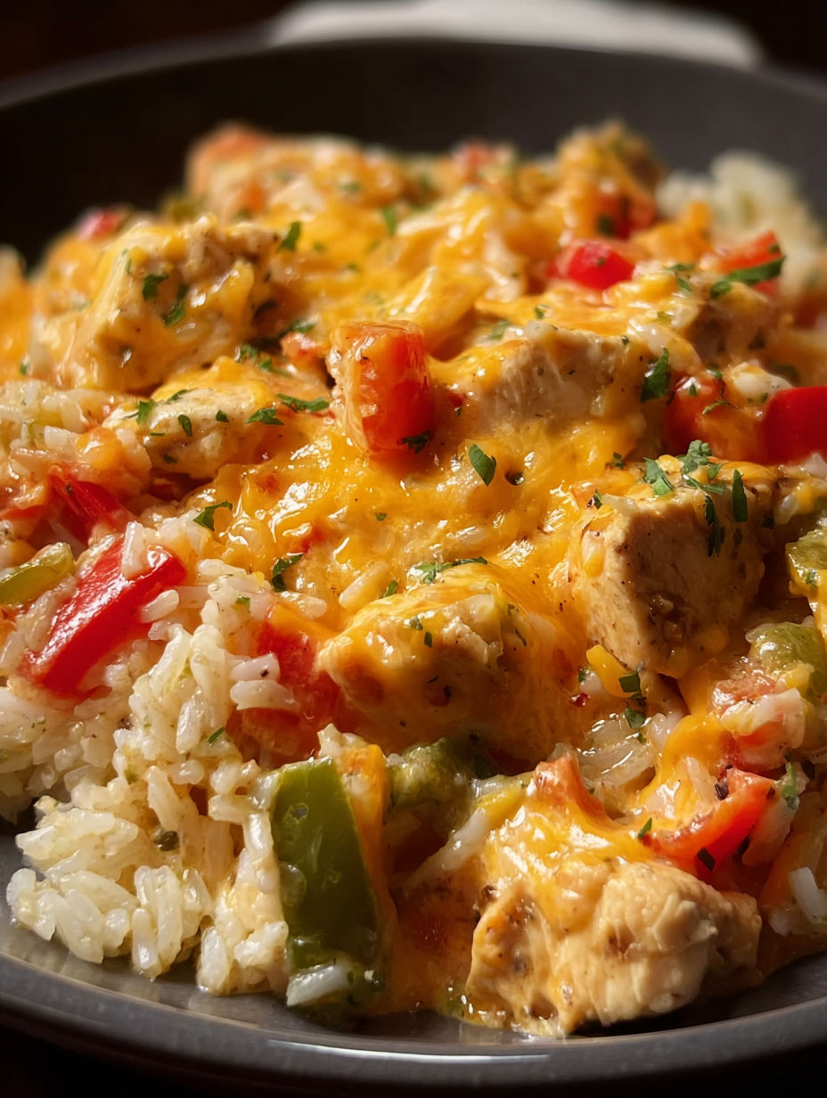 A plate of food with rice, peppers, and chicken.