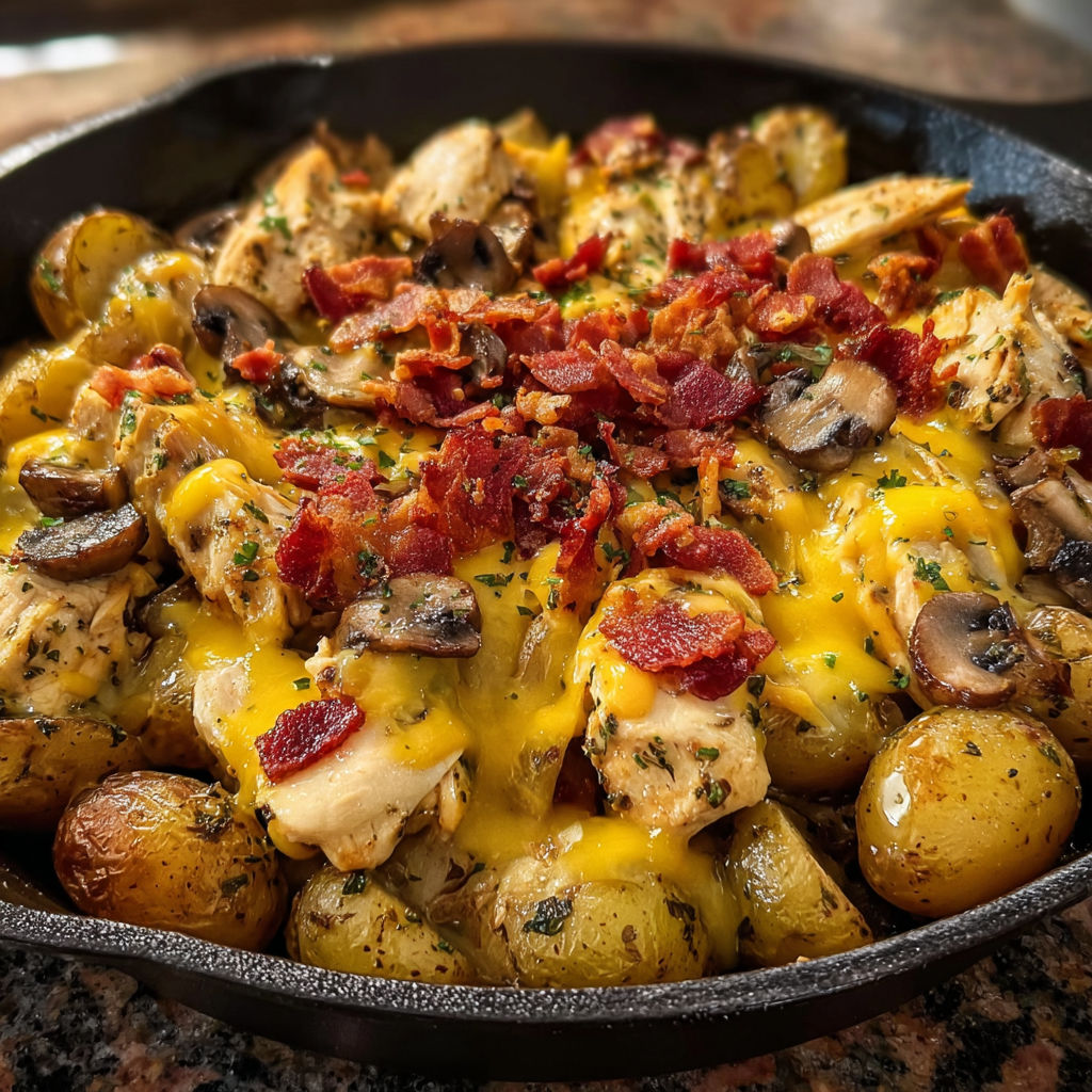 A delicious meal of chicken, potatoes, and mushrooms.
