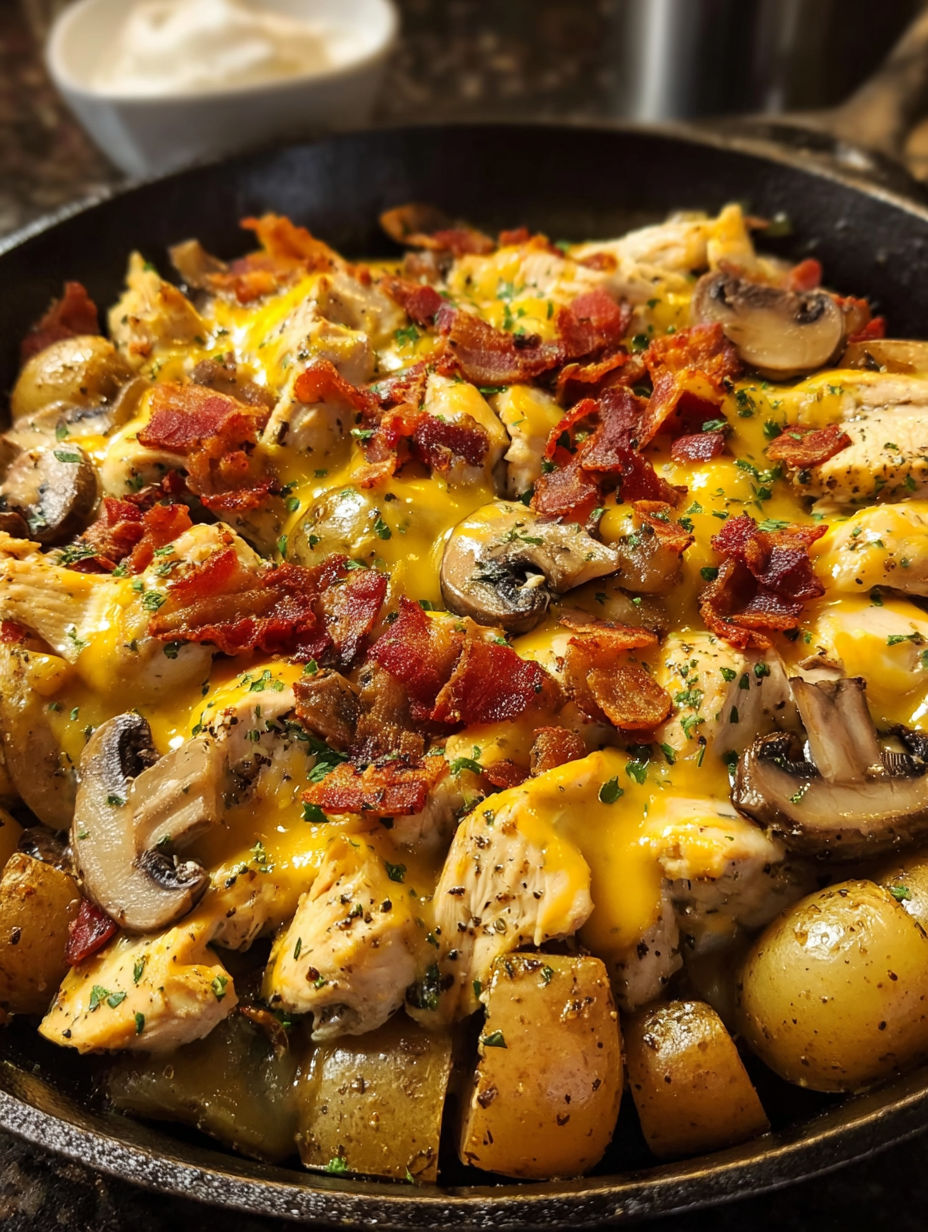 A delicious meal of chicken, potatoes, and mushrooms.
