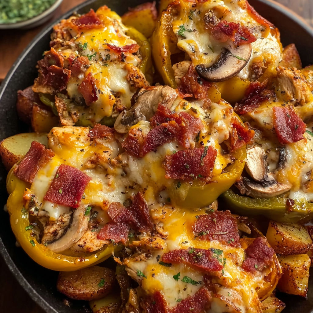A plate of stuffed peppers with cheese and bacon.