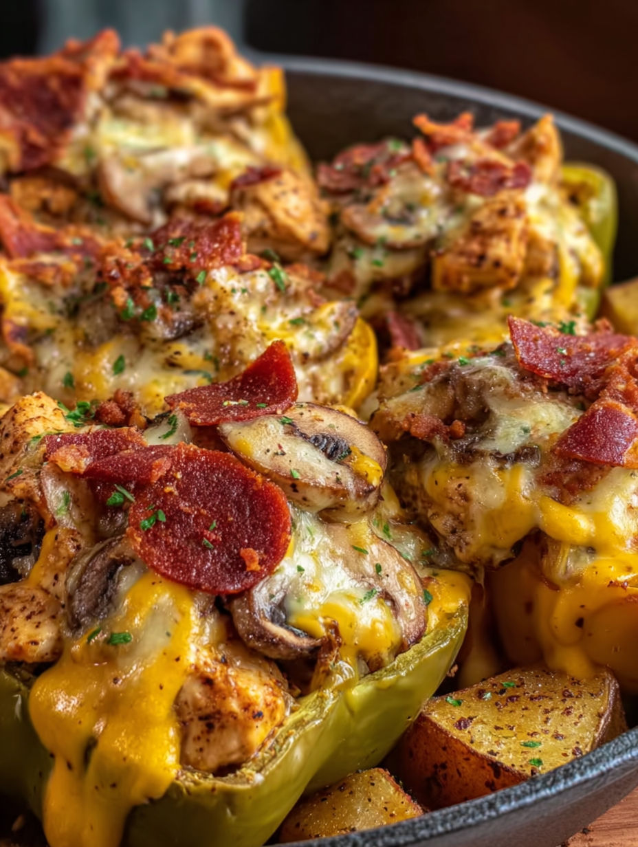 A dish of stuffed peppers with cheese and bacon.