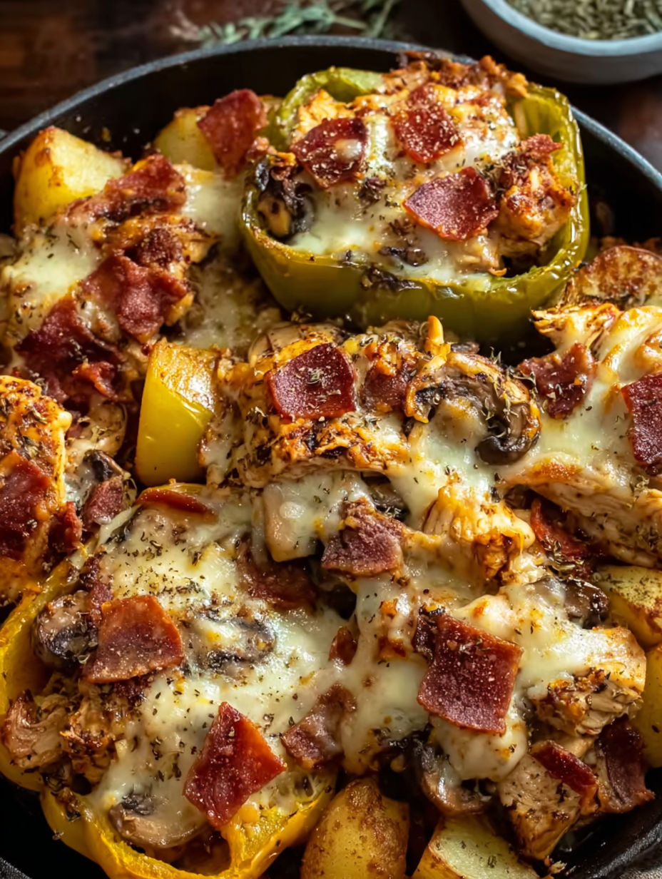 A plate of food with peppers and meat.