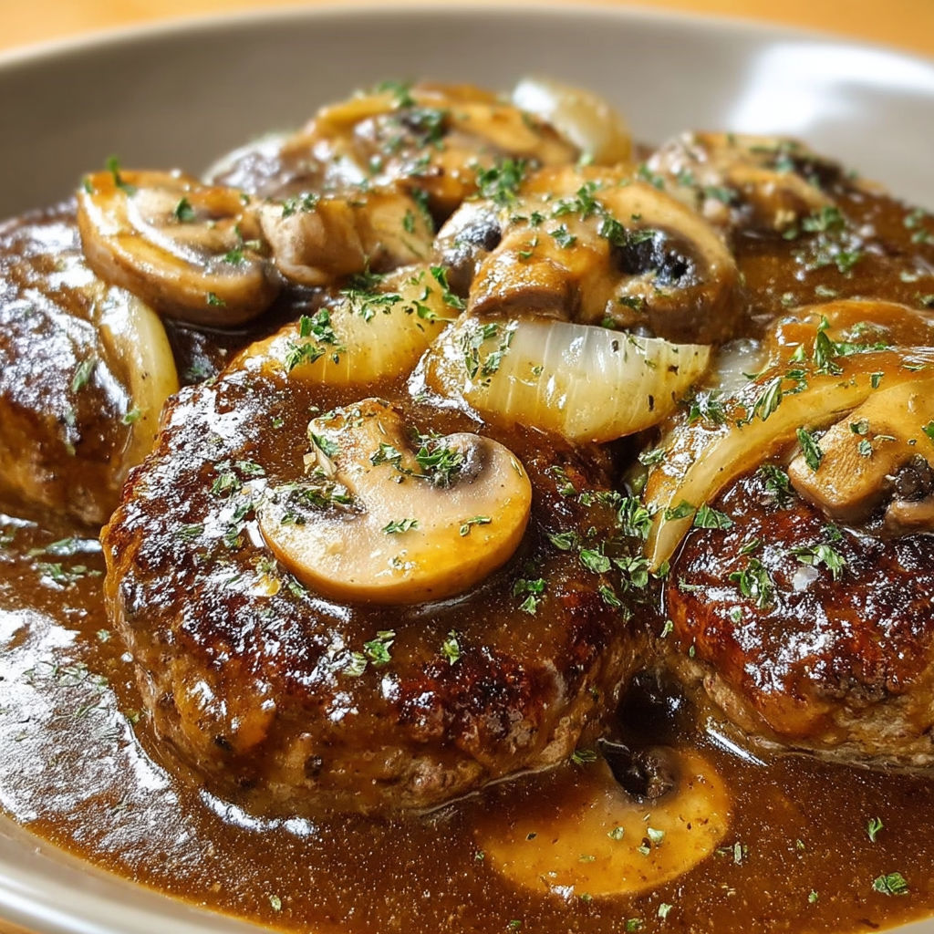 Hamburger steaks in brown gravy.