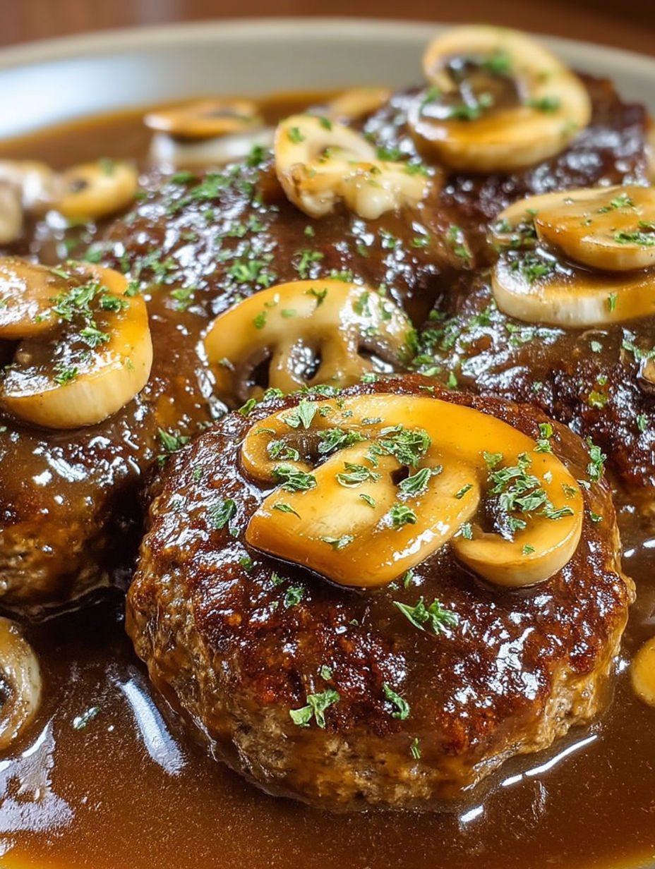 Hamburger steaks with brown gravy.