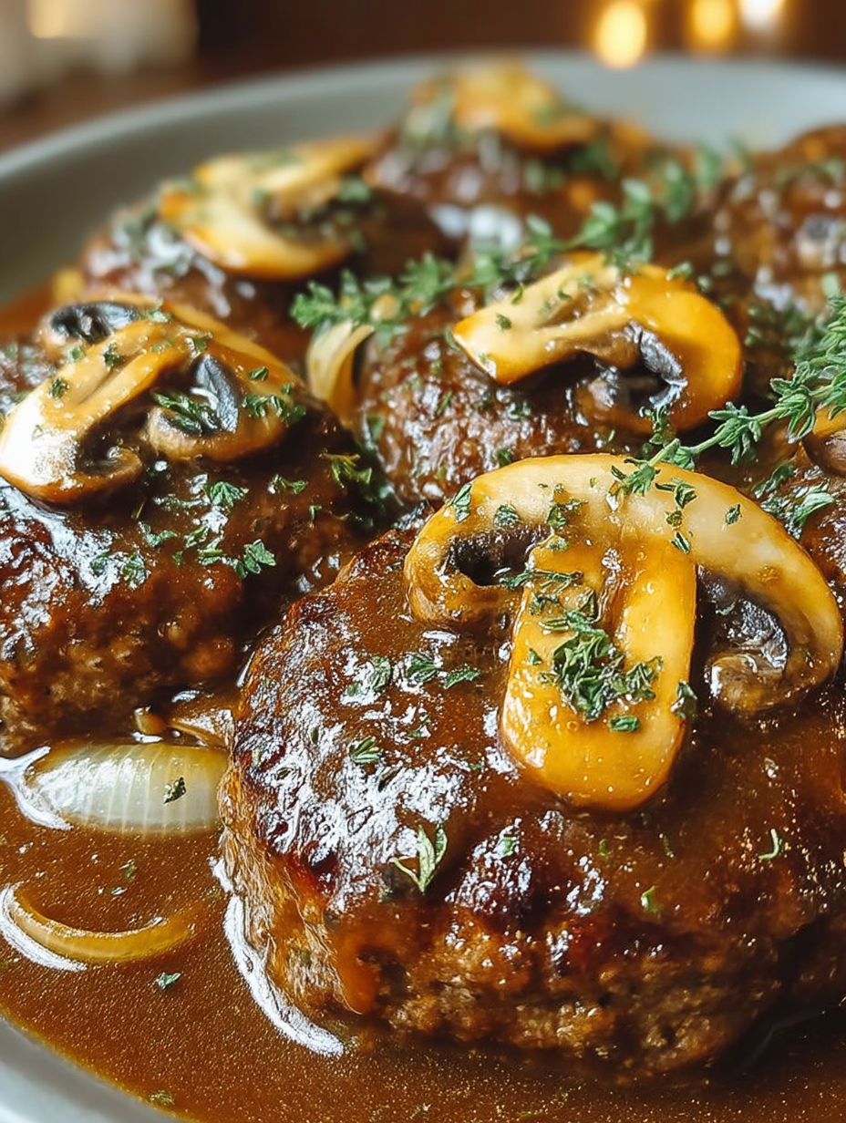 Hamburger steaks with brown gravy.