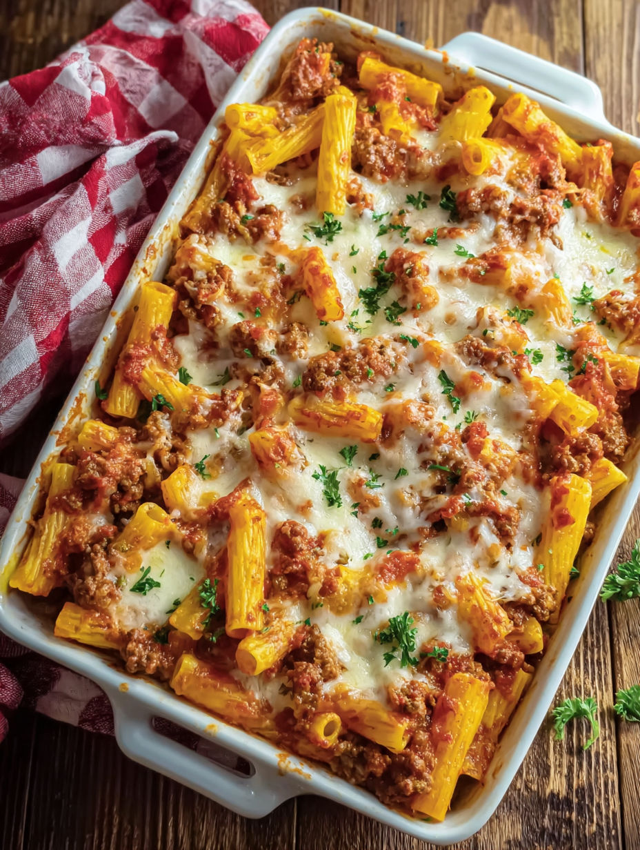 A baked ziti dish with sausage and cheese.