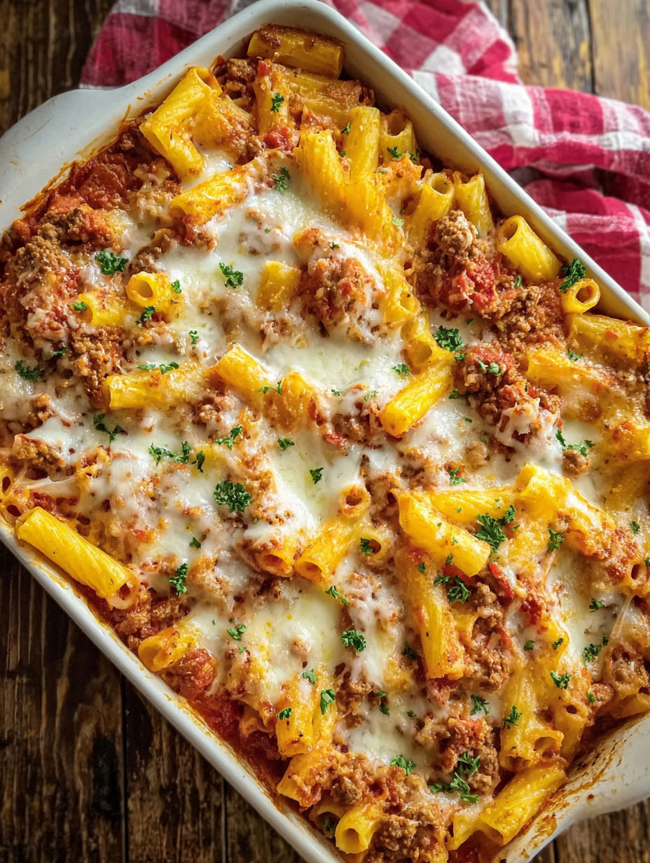 A baked ziti dish with sausage and cheese.