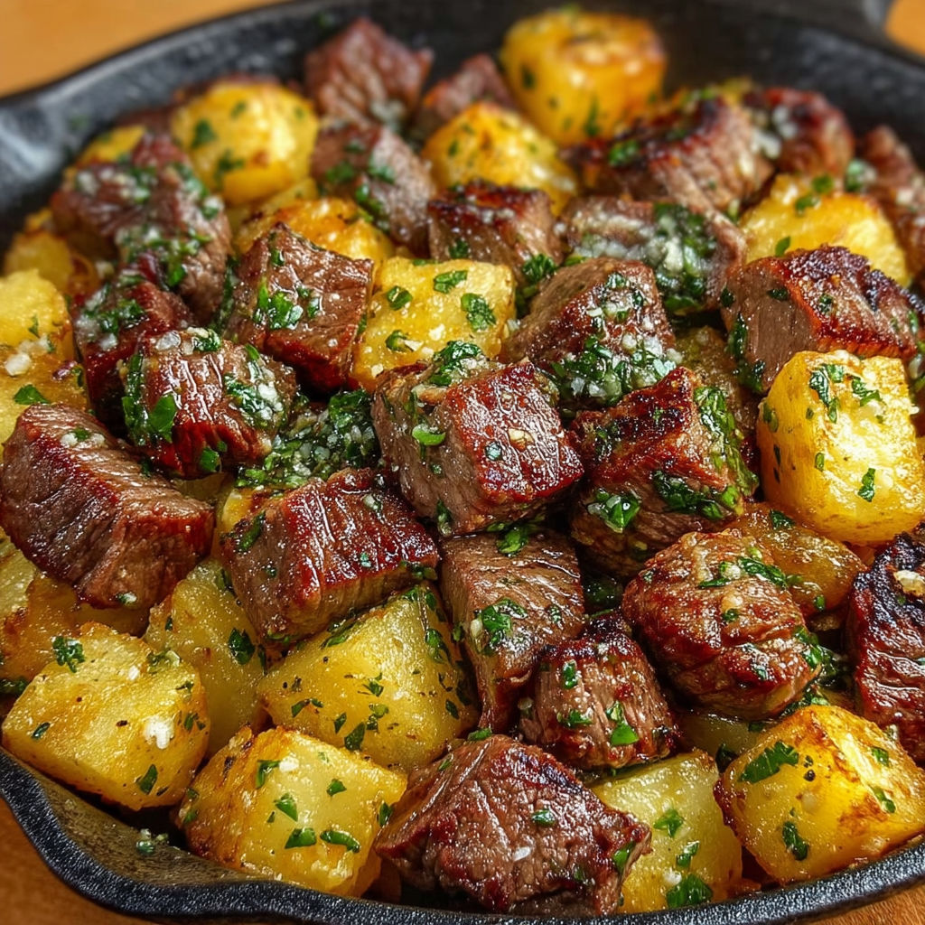 A plate of steak bites with potatoes and garlic butter.