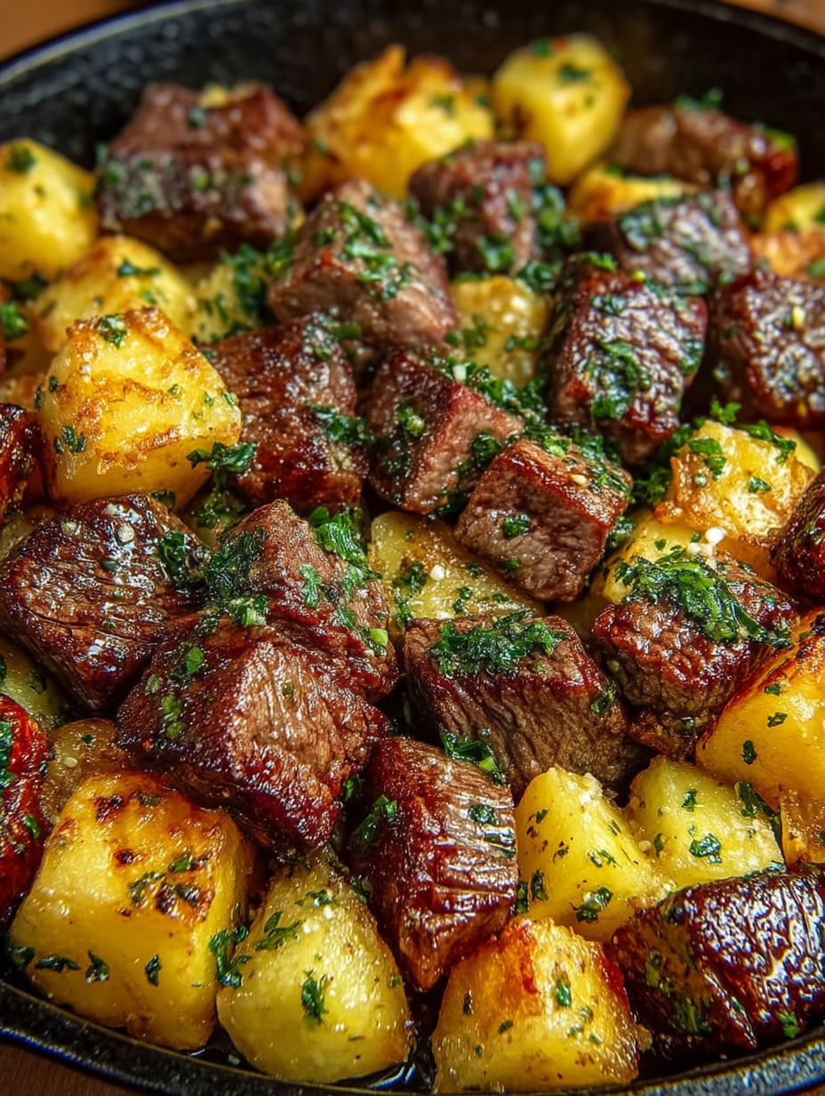 A close up of a delicious meal of garlic butter steak bites and potatoes.