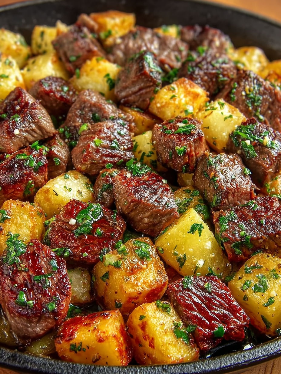 A close up of a plate of steak and potatoes.