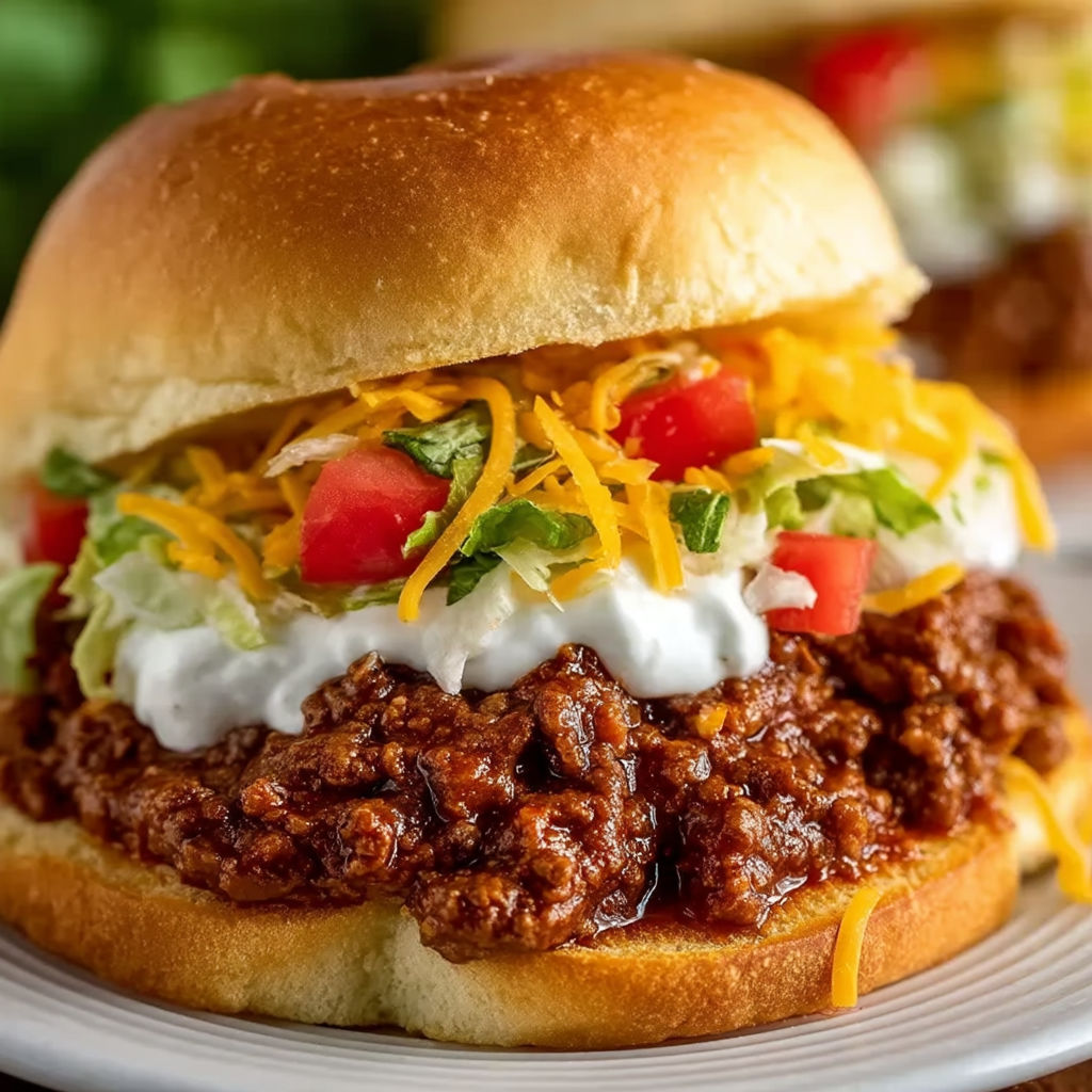 A sloppy joe sandwich with lettuce, tomato, and cheese.