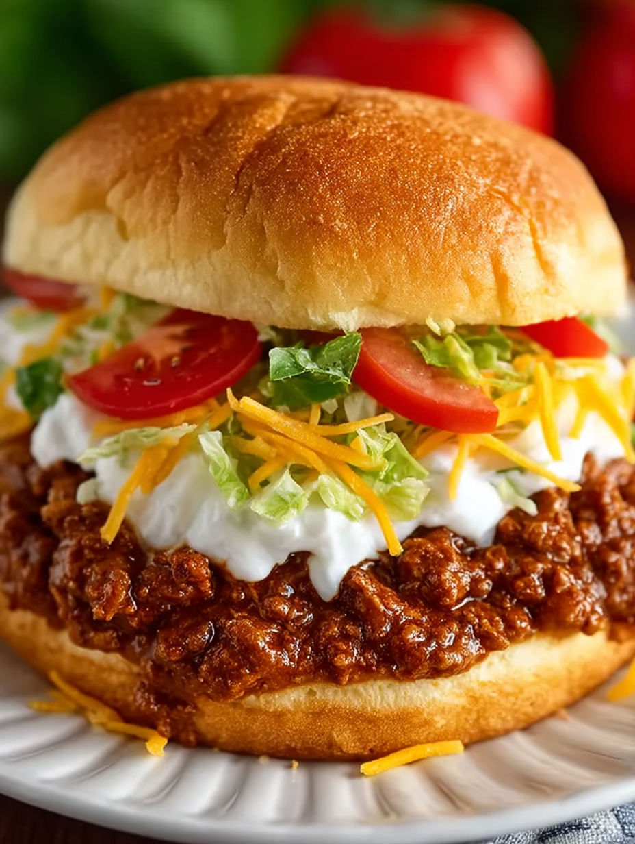 A sloppy joe sandwich with lettuce and tomato.
