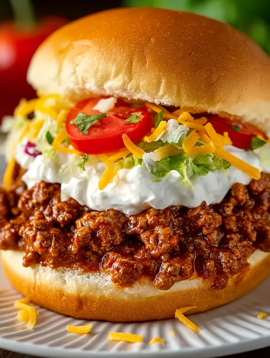 A sloppy joe sandwich with lettuce and tomato.