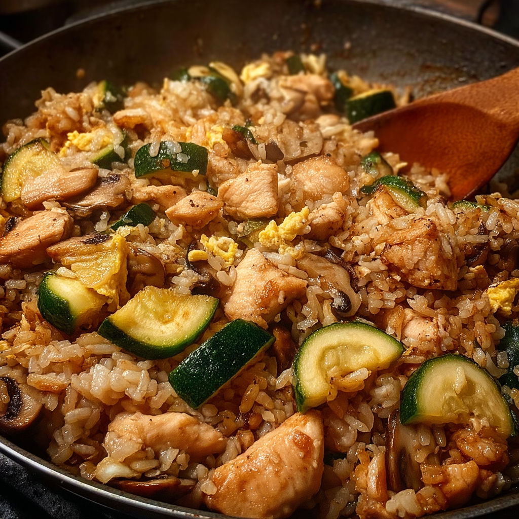 A pan of rice with chicken and vegetables.
