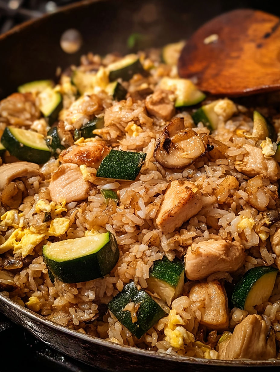 A dish of rice with chicken and vegetables.