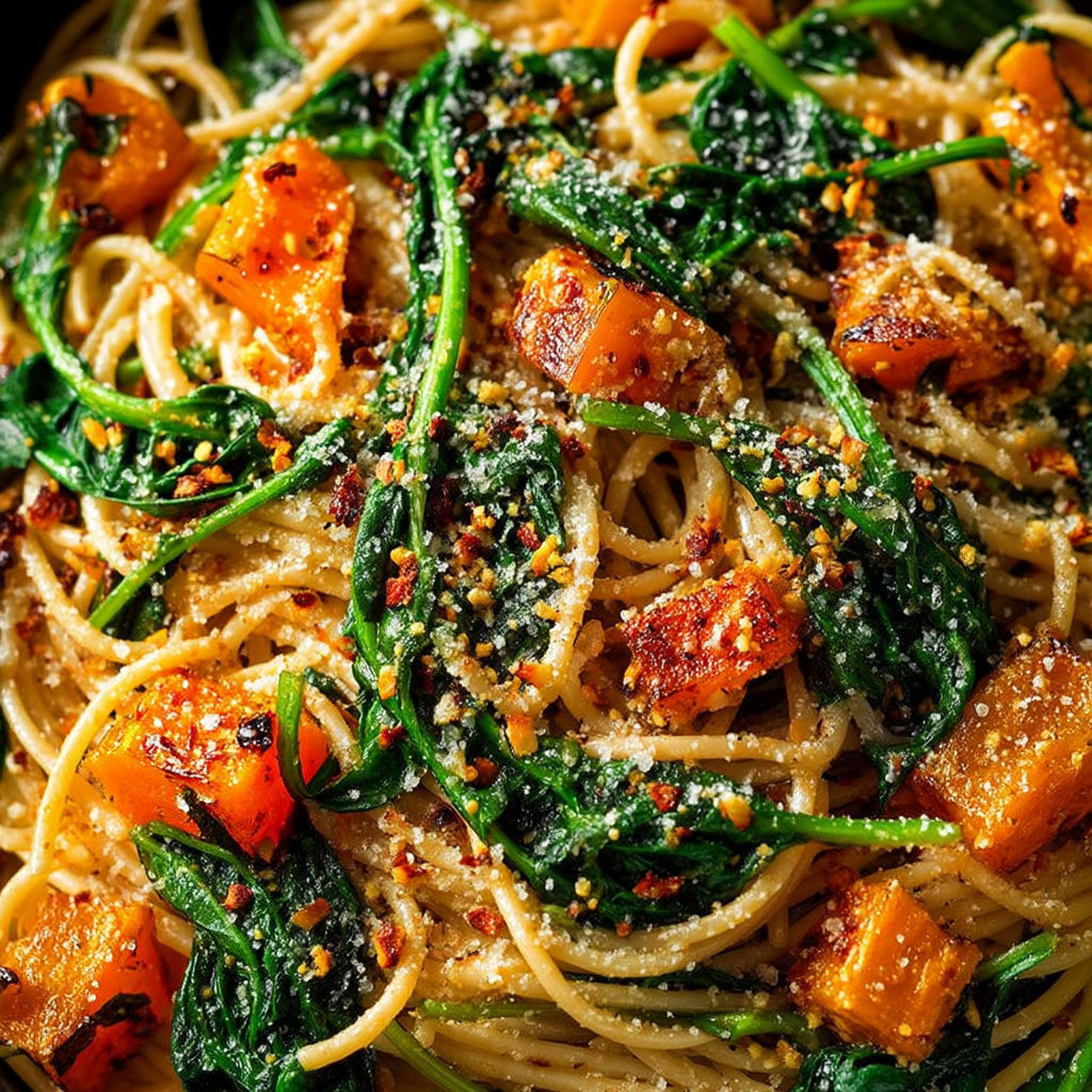 A bowl of spaghetti with pumpkin, spinach and walnuts.