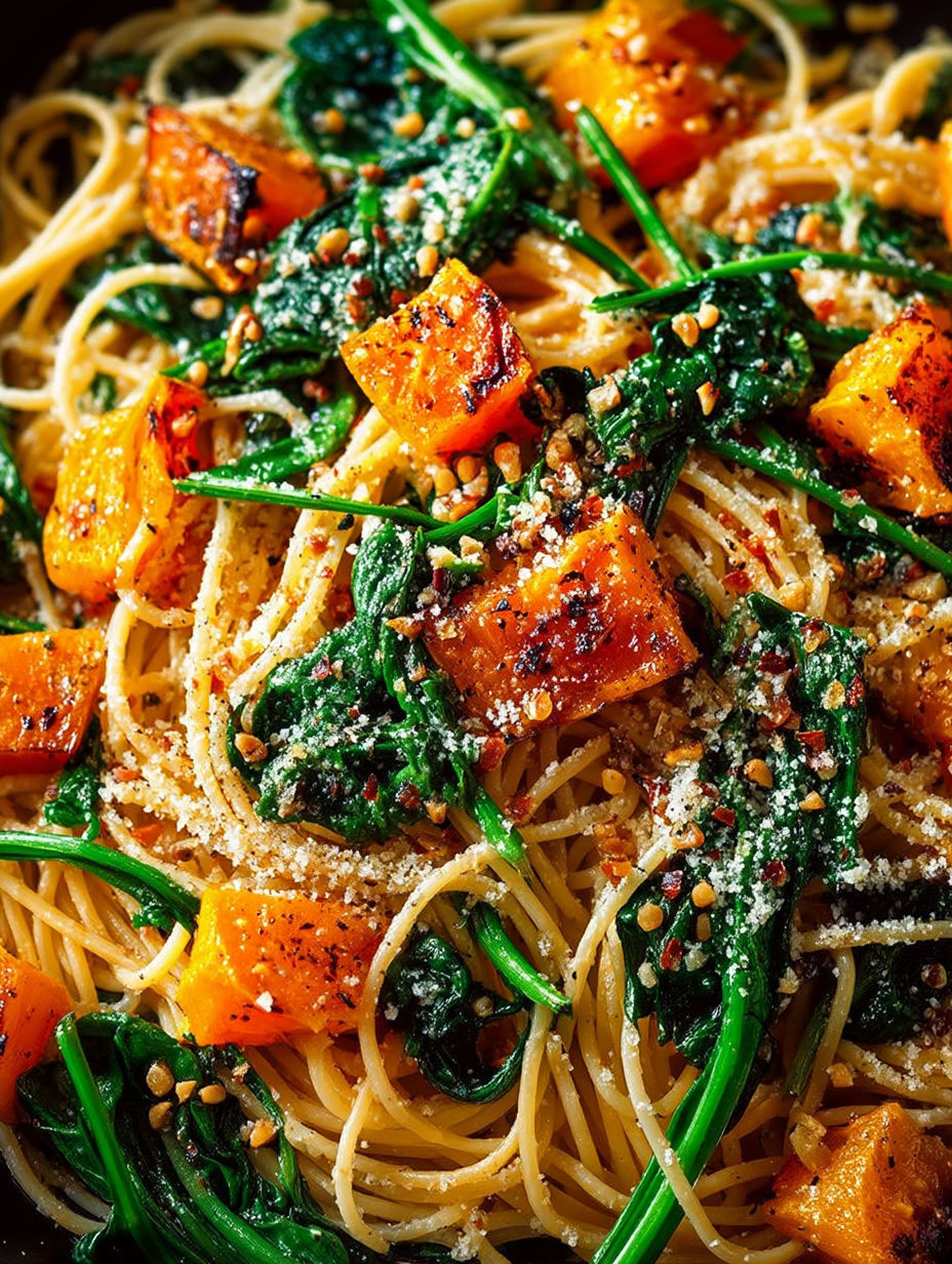 A plate of spaghetti with pumpkin, spinach and walnuts.