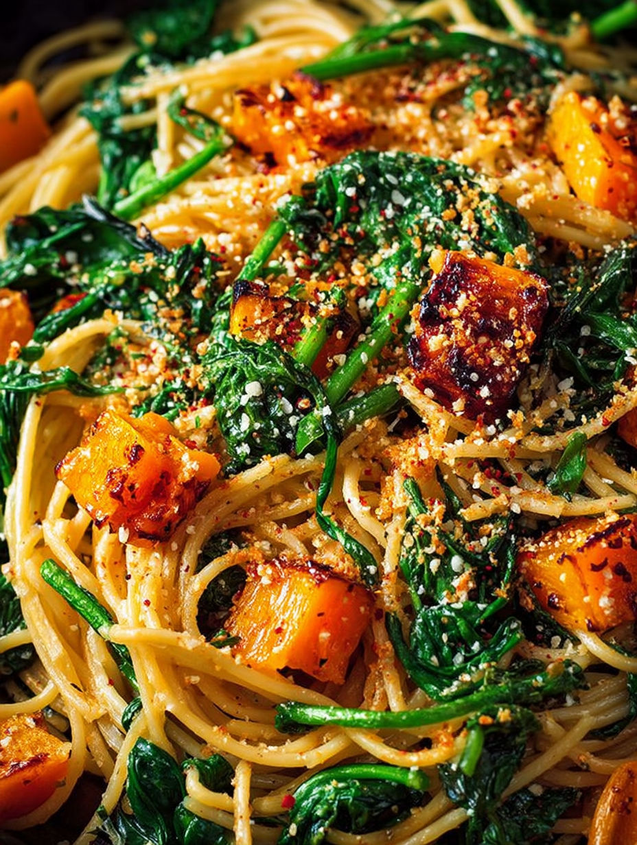 A bowl of spaghetti with pumpkin, spinach and walnuts.