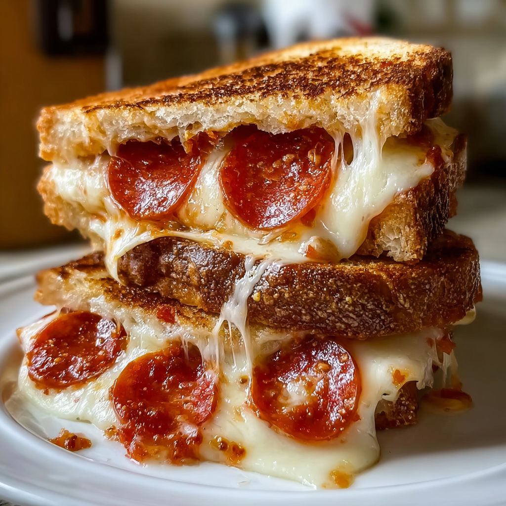 A grilled cheese sandwich with pepperoni on top.