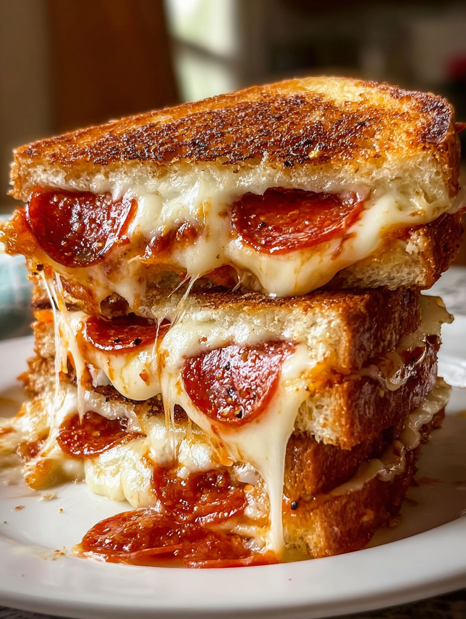 A stack of grilled cheese sandwiches with pepperoni.