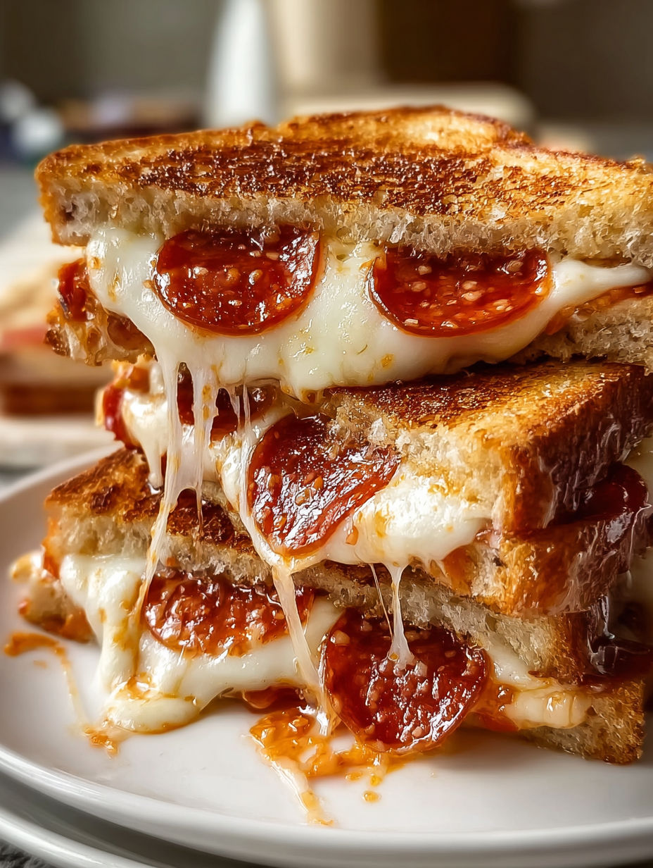 A stack of grilled cheese sandwiches with pepperoni.