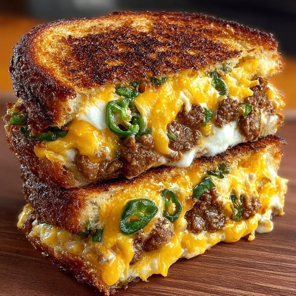 A jalapeno popper patty melt on a wooden table.