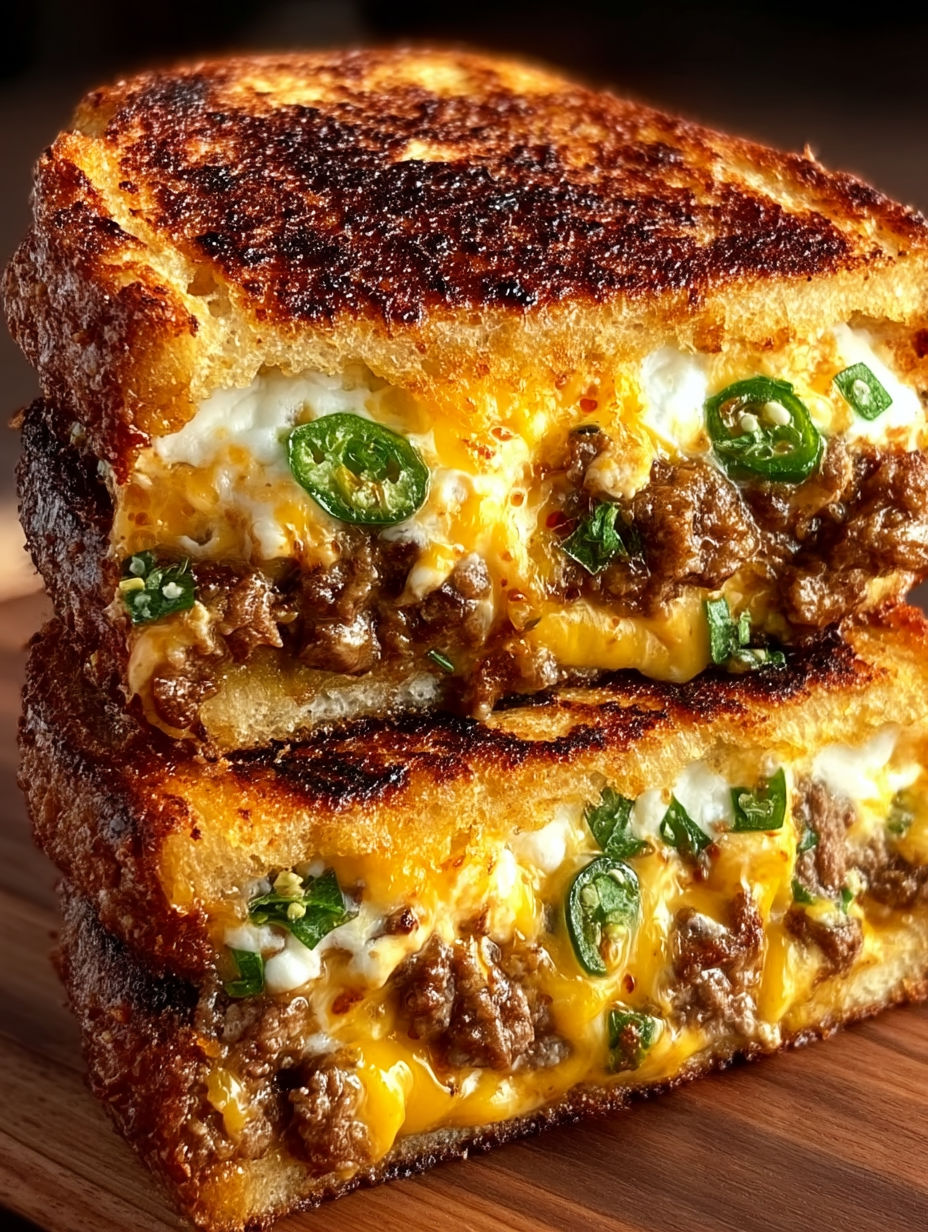 A close up of a sandwich with jalapenos and cheese.