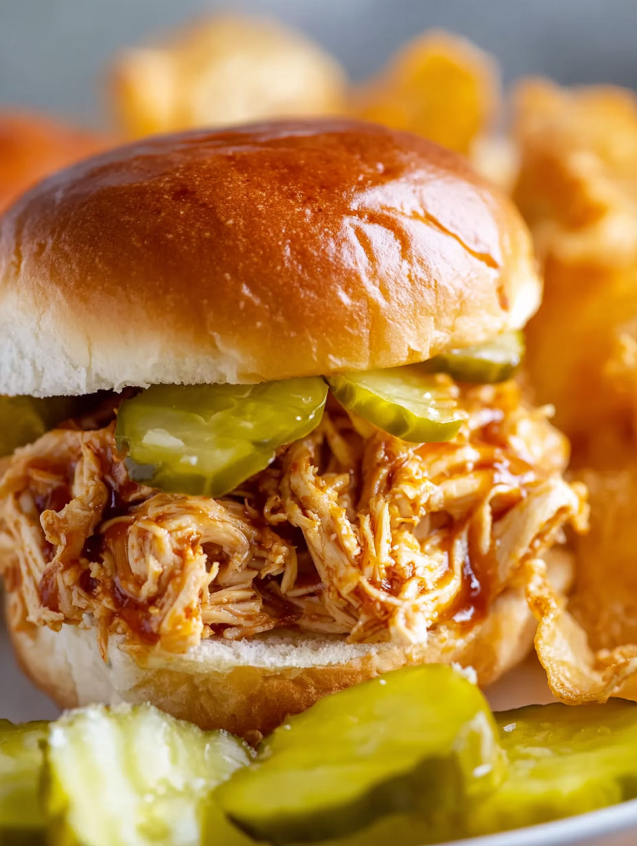 A close up of a crock pot shredded Nashville hot chicken sandwich.