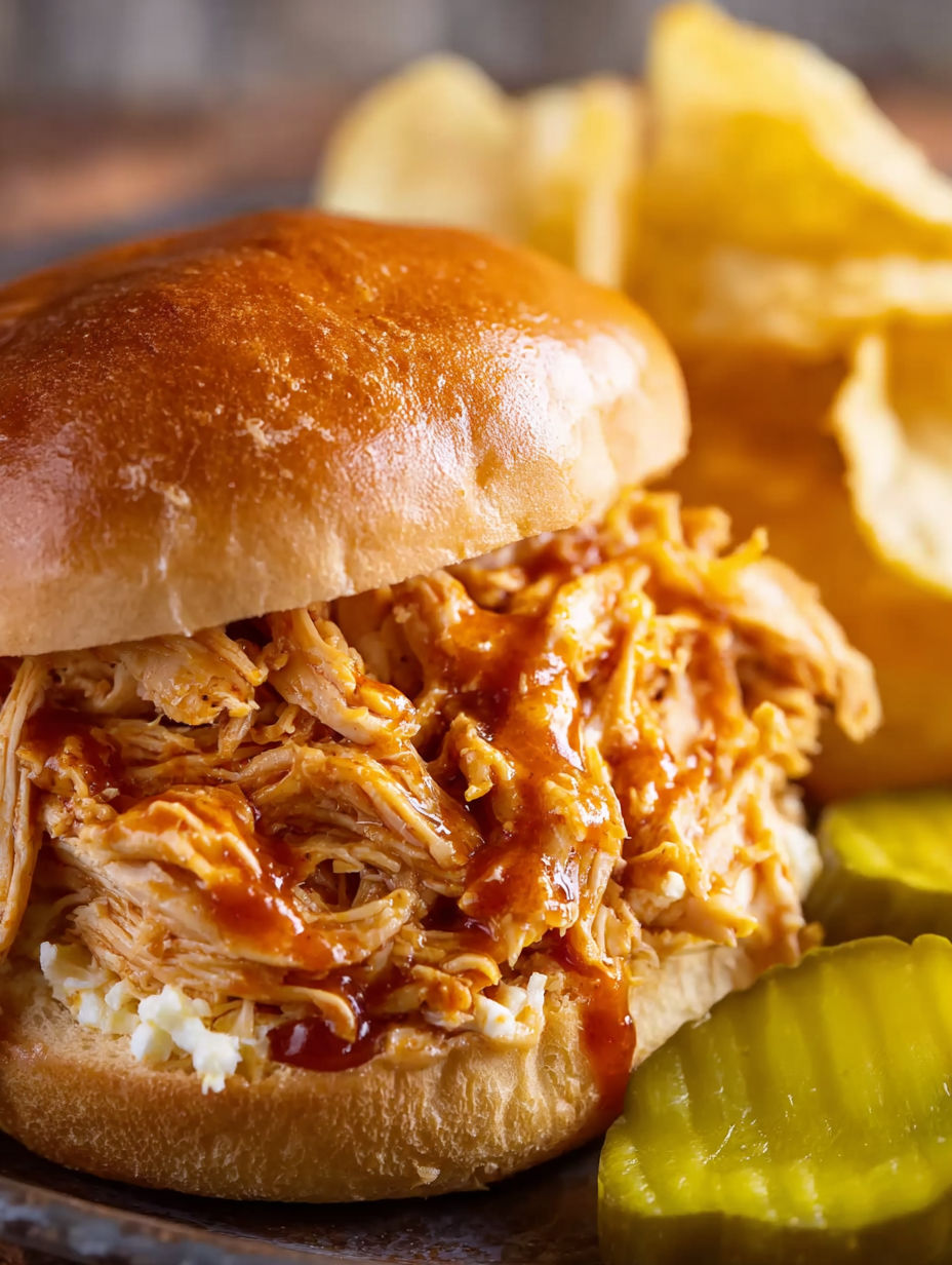 A close up of a sandwich with shredded chicken and barbecue sauce.