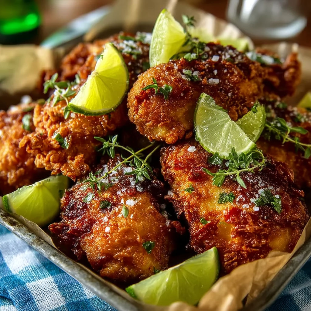 A plate of chicken with lime wedges on top.