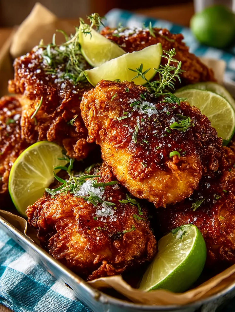 A plate of fried chicken with limes on top.