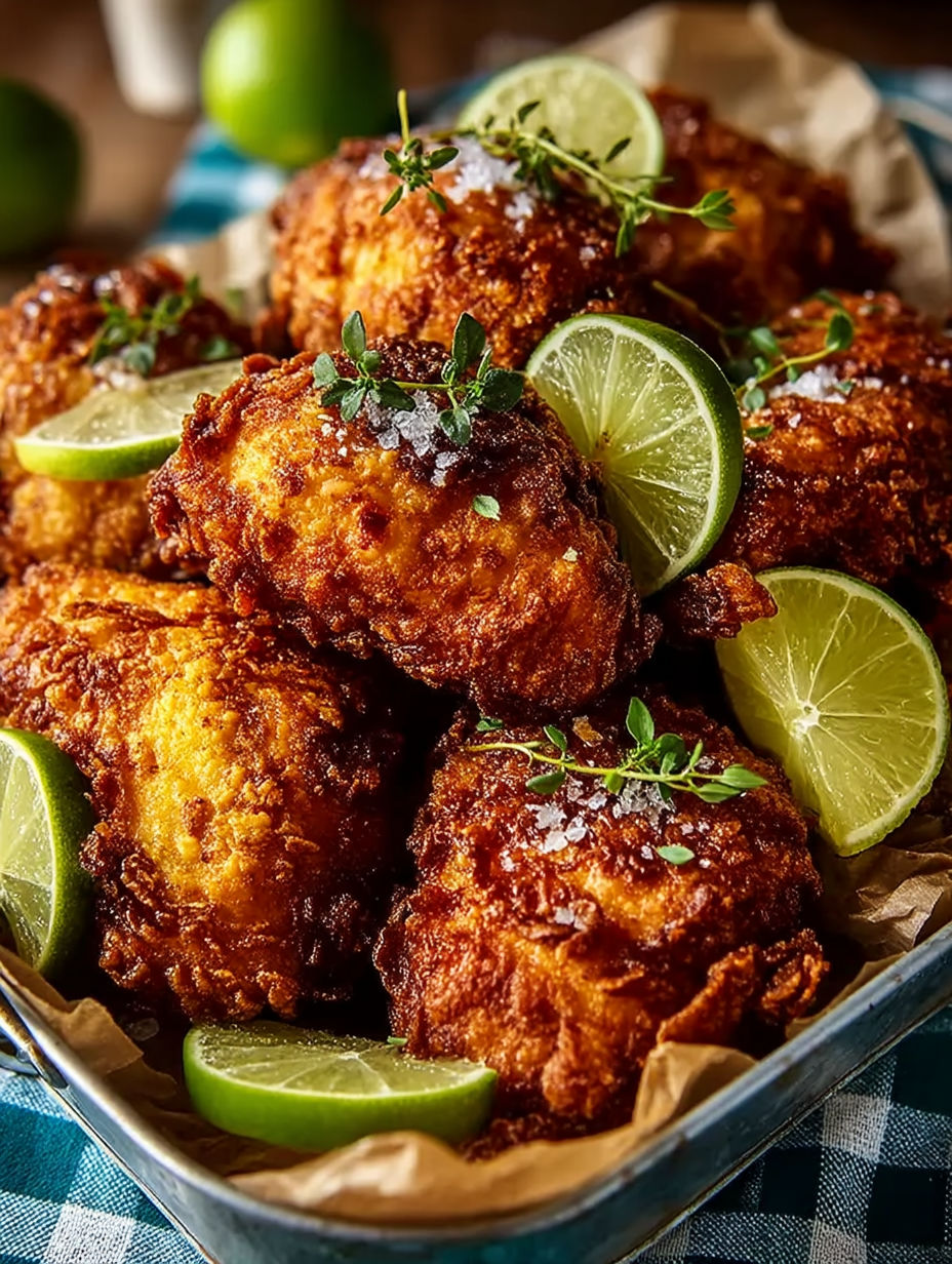 A plate of fried chicken with limes on top.