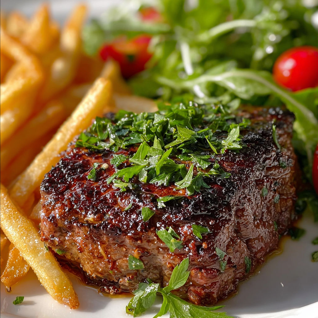 A plate of food with a steak and a salad.