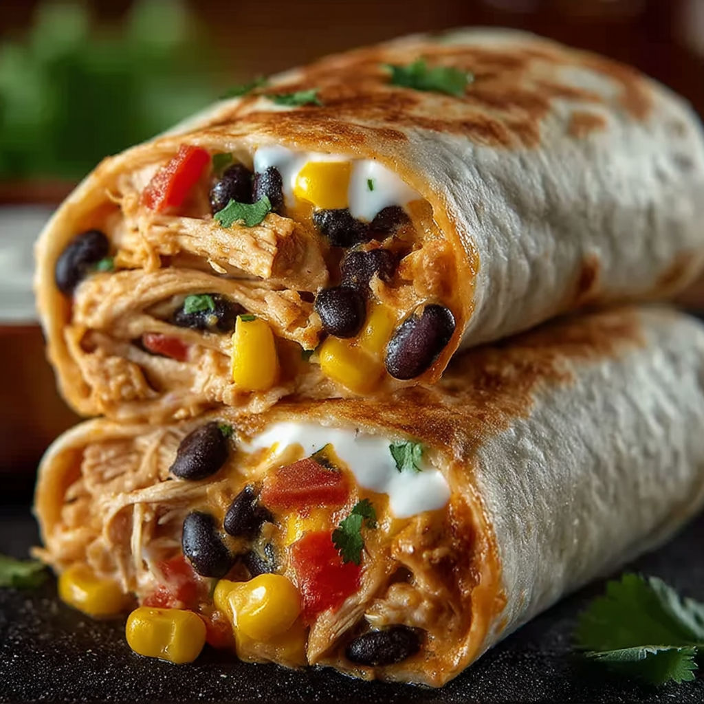 Two burritos filled with chicken and vegetables.