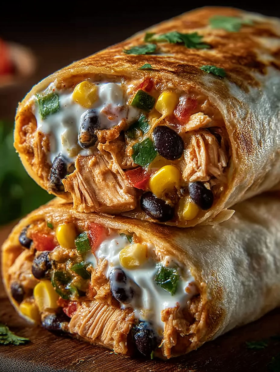 Two burritos filled with chicken and vegetables.