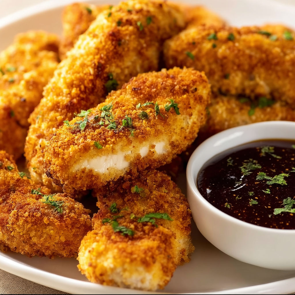 A plate of baked chicken tenders with a dipping sauce.