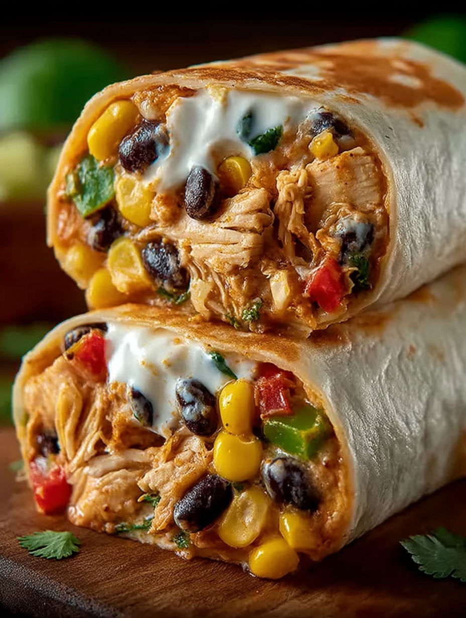 Two burritos filled with chicken and vegetables.